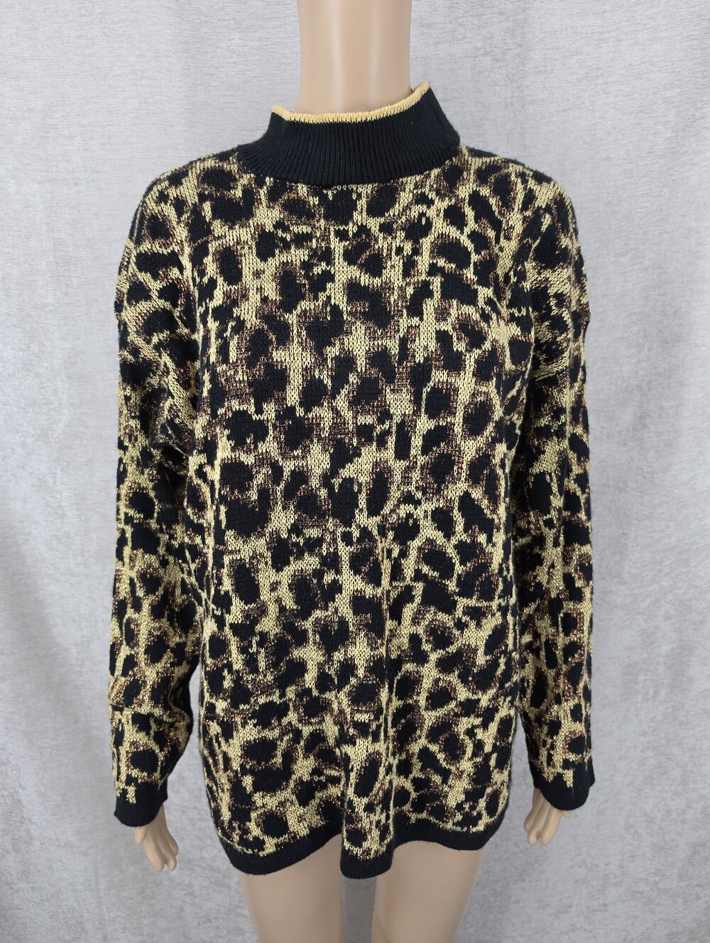 Nutcracker Vintage Metallic Gold Black Leopard Print Mock Neck Sweater